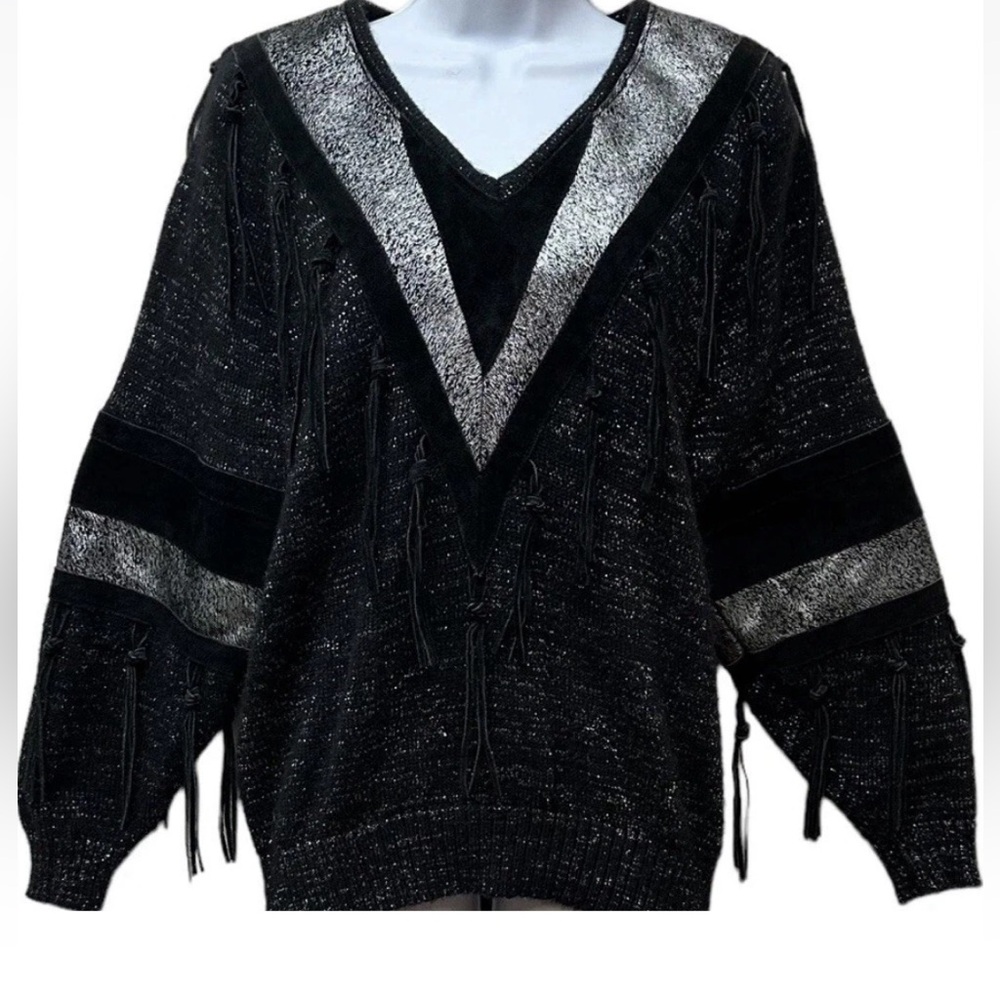 VTG LEATHER SUEDE WESTERN Sweater Fringe Pioneer Wear Metallic Rodeo Cowgirl MED